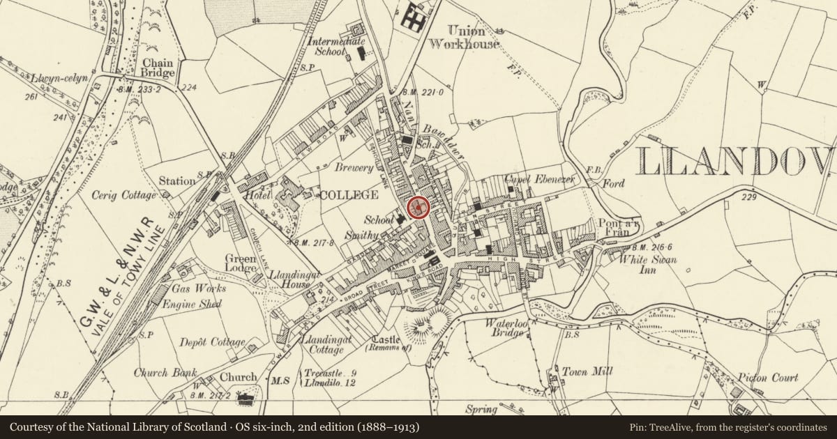 Ordnance Survey six-inch map, 2nd edition (1888–1913) covering the location of Gloucester House, Llandovery, Carmarthenshire, with a pin at the register's coordinates