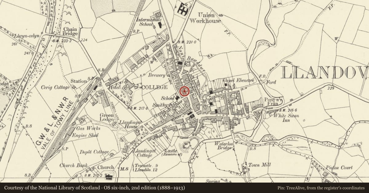 Ordnance Survey six-inch map, 2nd edition (1888–1913) covering the location of Gosen House, Llandovery, Carmarthenshire, with a pin at the register's coordinates