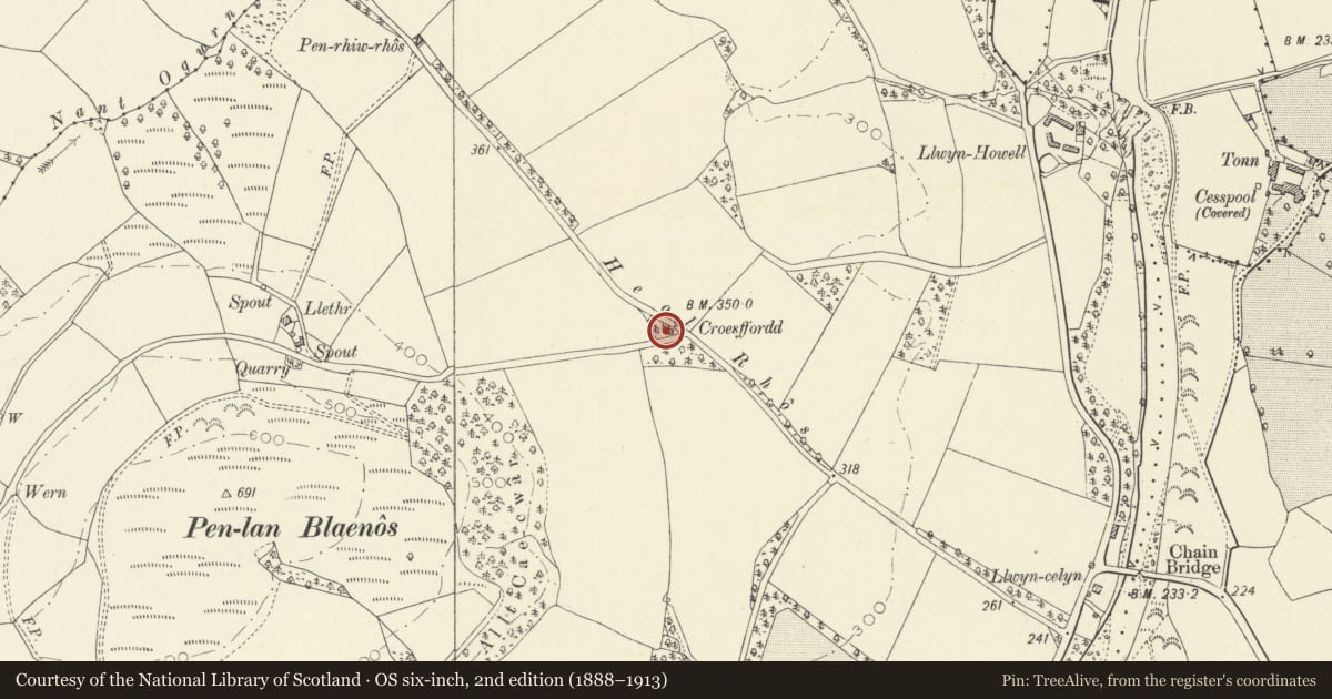 Ordnance Survey six-inch map, 2nd edition (1888–1913) covering the location of Croesffordd, Llandovery, Carmarthenshire, with a pin at the register's coordinates