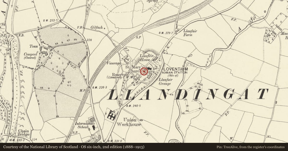 Ordnance Survey six-inch map, 2nd edition (1888–1913) covering the location of Lychgate to Church of St Mary, Llandovery, Carmarthenshire, with a pin at the register's coordinates
