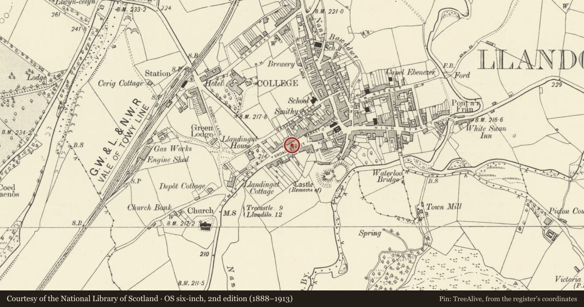 Ordnance Survey six-inch map, 2nd edition (1888–1913) covering the location of Railings and wall to garden opposite No 9 (Mile End House), Llandovery, Carmarthenshire, with a pin at the register's coordinates