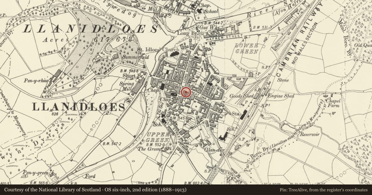 Ordnance Survey six-inch map, 2nd edition (1888–1913) covering the location of The Bakehouse, Llanidloes, Powys, with a pin at the register's coordinates