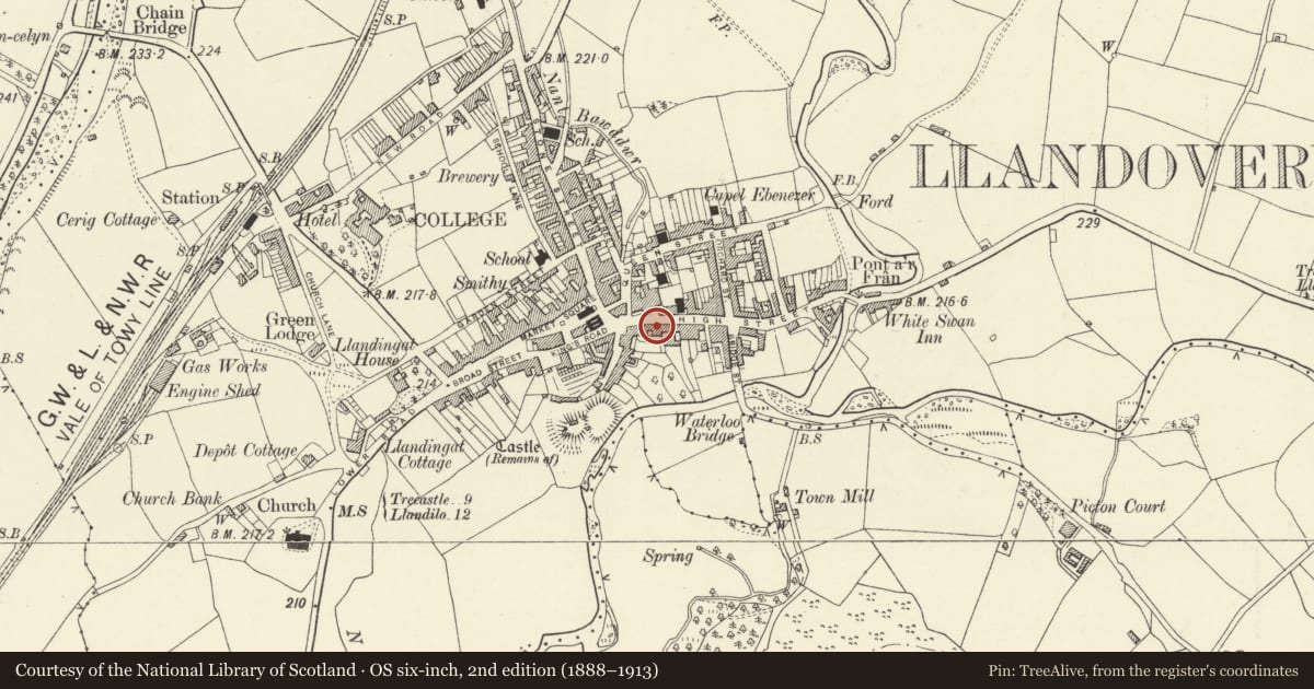 Ordnance Survey six-inch map, 2nd edition (1888–1913) covering the location of Rhoslyn House, Llandovery, Carmarthenshire, with a pin at the register's coordinates