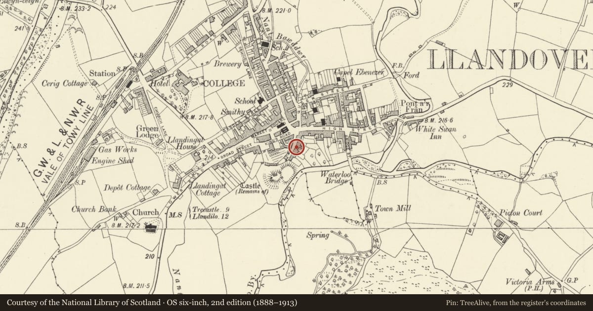 Ordnance Survey six-inch map, 2nd edition (1888–1913) covering the location of The Copse, Llandovery, Carmarthenshire, with a pin at the register's coordinates