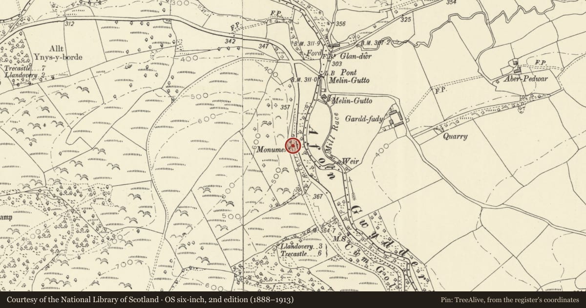 Ordnance Survey six-inch map, 2nd edition (1888–1913) covering the location of The Mail Coach Memorial, Llandovery, Carmarthenshire, with a pin at the register's coordinates
