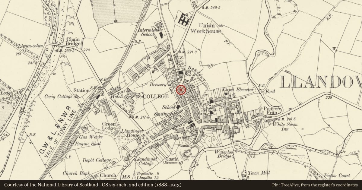 Ordnance Survey six-inch map, 2nd edition (1888–1913) covering the location of The Plough Hotel, Llandovery, Carmarthenshire, with a pin at the register's coordinates