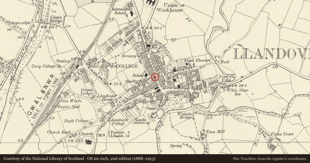 Ordnance Survey six-inch map, 2nd edition (1888–1913) covering the location of Trafalgar House, Llandovery, Carmarthenshire, with a pin at the register's coordinates