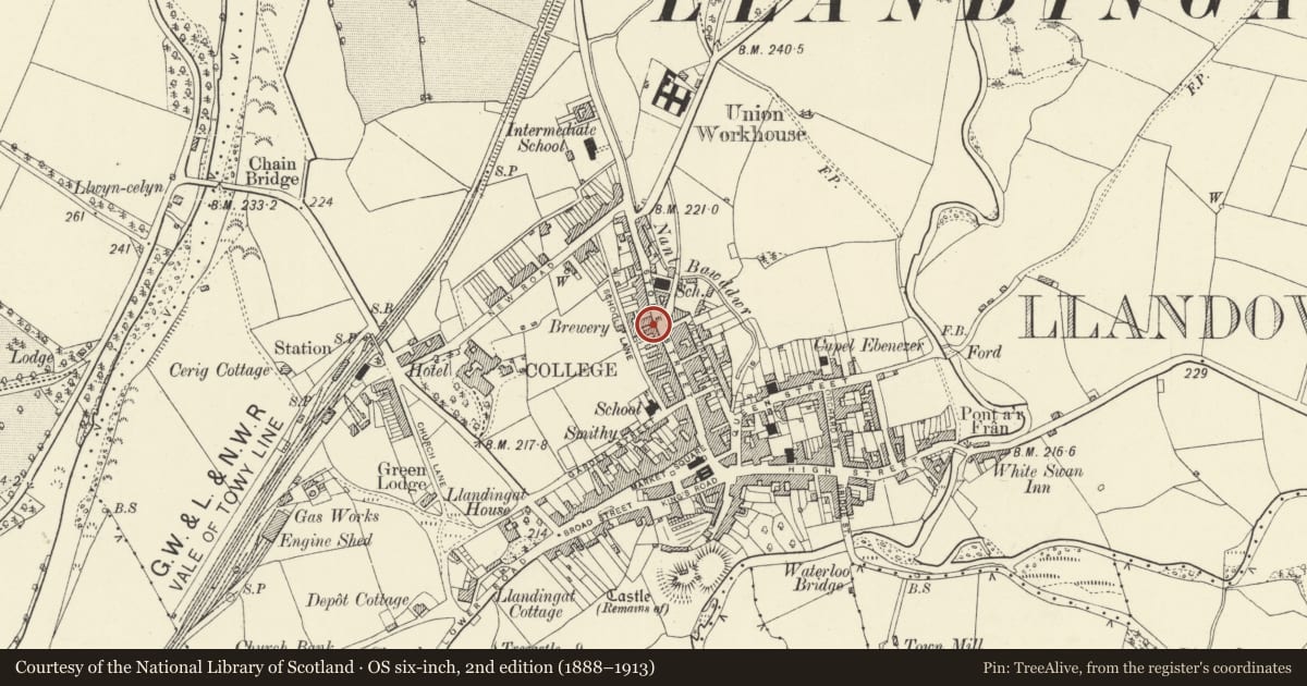 Ordnance Survey six-inch map, 2nd edition (1888–1913) covering the location of Upton House, Llandovery, Carmarthenshire, with a pin at the register's coordinates