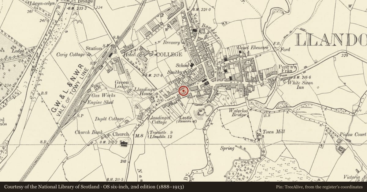 Ordnance Survey six-inch map, 2nd edition (1888–1913) covering the location of War Memorial and chain-link surround, Llandovery, Carmarthenshire, with a pin at the register's coordinates