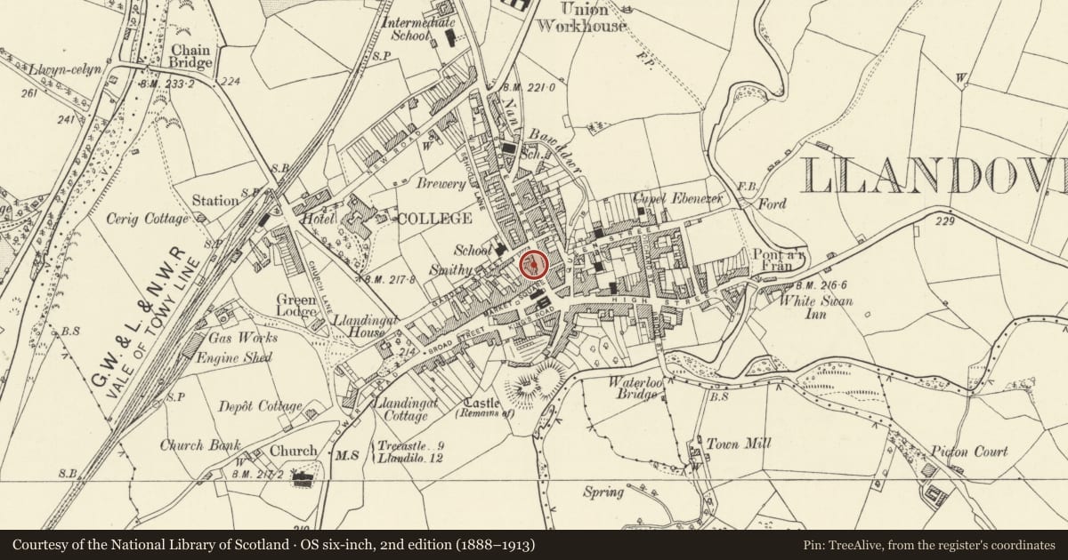 Ordnance Survey six-inch map, 2nd edition (1888–1913) covering the location of Waterloo House, Llandovery, Carmarthenshire, with a pin at the register's coordinates