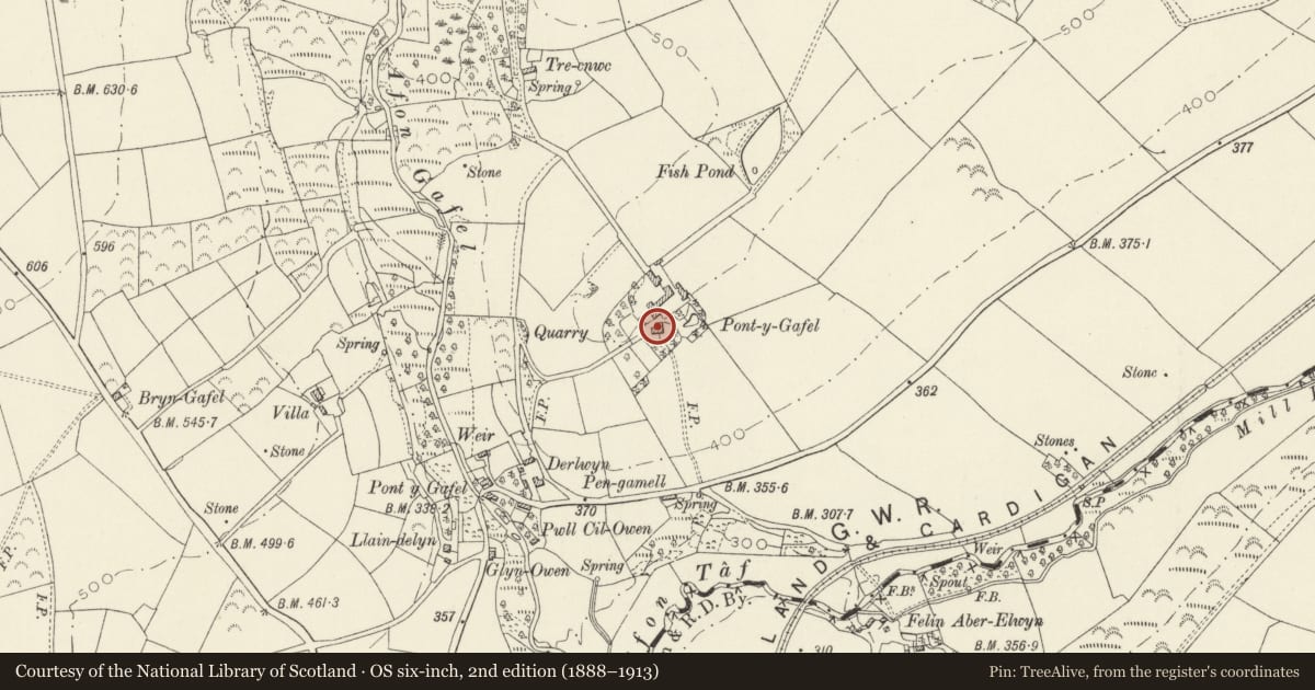 Ordnance Survey six-inch map, 2nd edition (1888–1913) covering the location of Pont-y-Gafel, Crymych, Pembrokeshire, with a pin at the register's coordinates