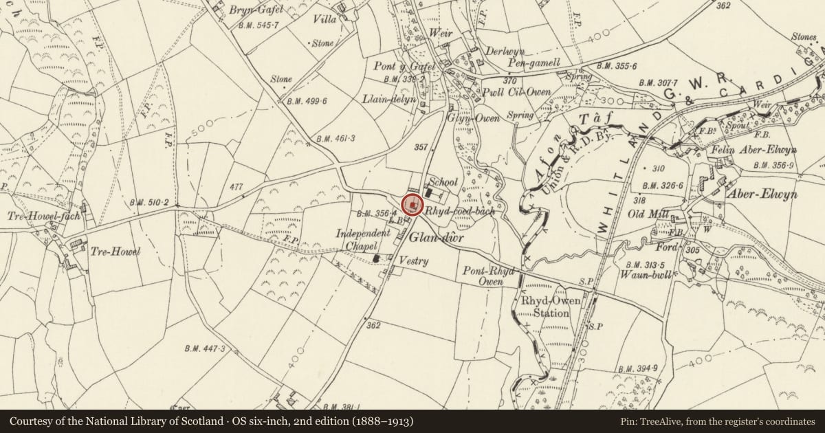 Ordnance Survey six-inch map, 2nd edition (1888–1913) covering the location of Rhyd-coed-bach, Crymych, Pembrokeshire, with a pin at the register's coordinates