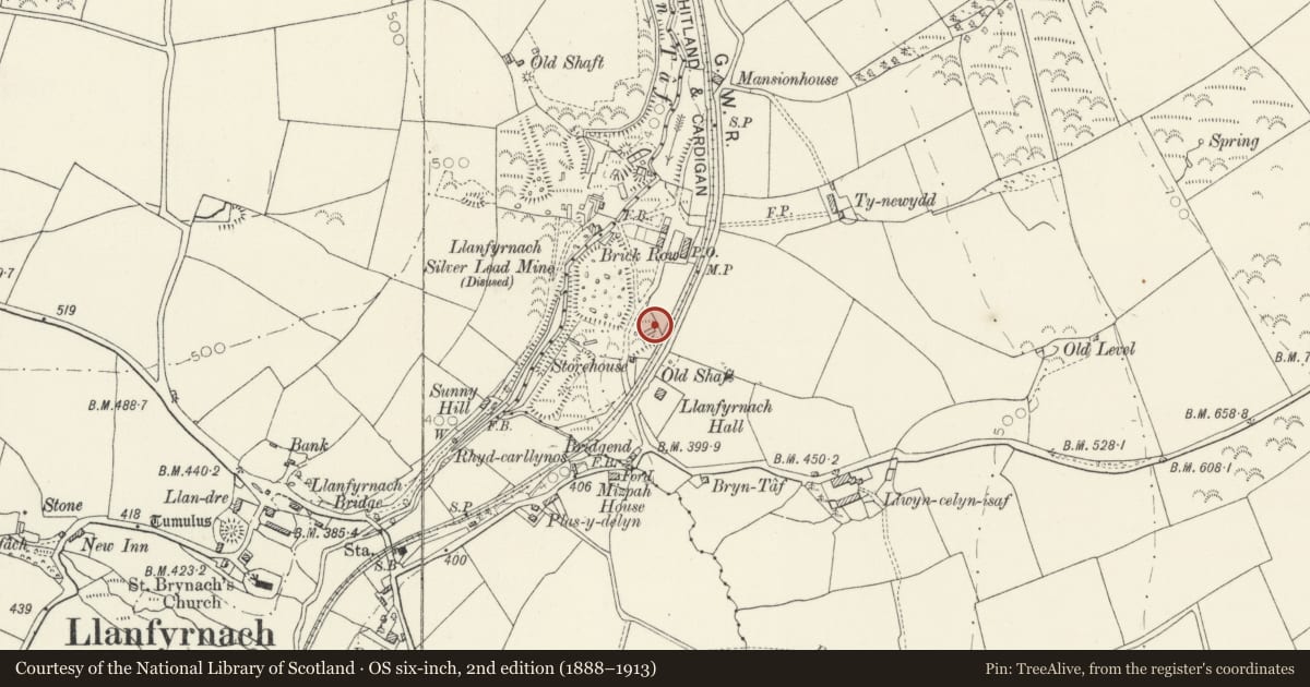 Ordnance Survey six-inch map, 2nd edition (1888–1913) covering the location of Chimney at Llanfyrnach Mine, Crymych, Pembrokeshire, with a pin at the register's coordinates