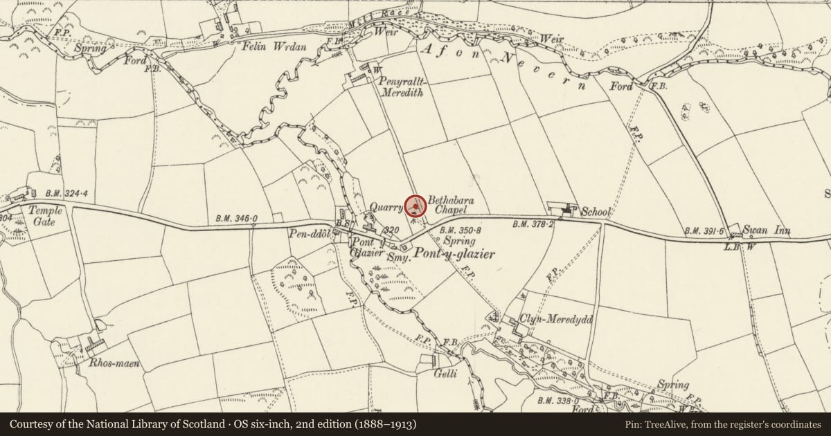 Ordnance Survey six-inch map, 2nd edition (1888–1913) covering the location of Vestry to Bethabara Baptist Chapel, Crymych, Pembrokeshire, with a pin at the register's coordinates
