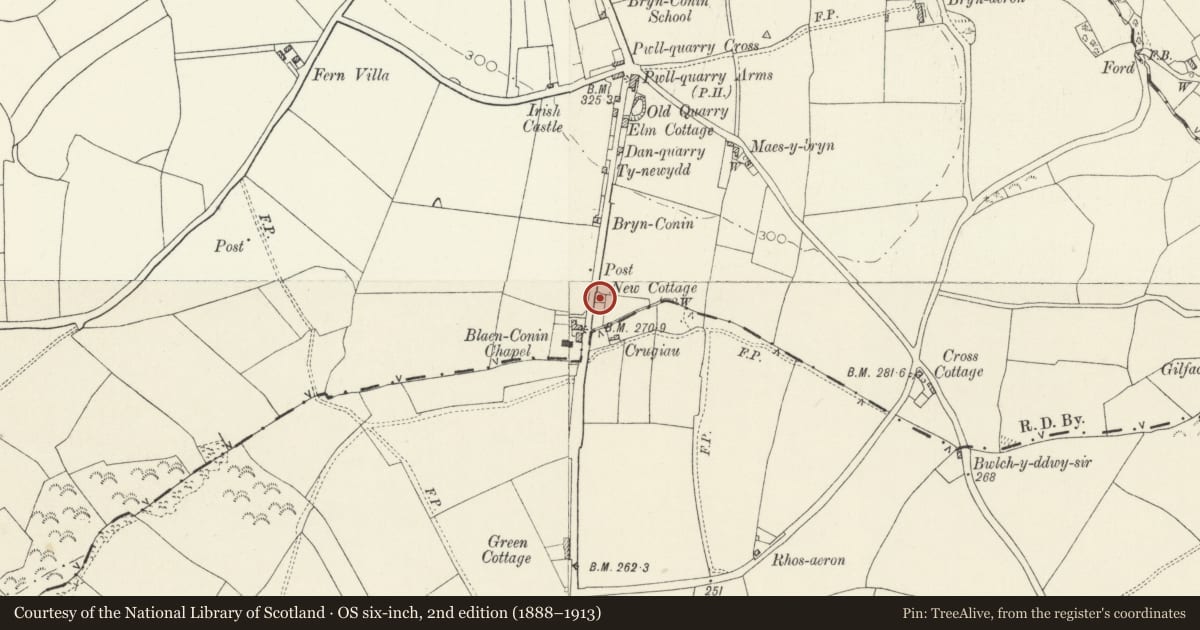 Ordnance Survey six-inch map, 2nd edition (1888–1913) covering the location of Cottage by Nant-y-ffin Hotel, Llandissilio West, Pembrokeshire, with a pin at the register's coordinates