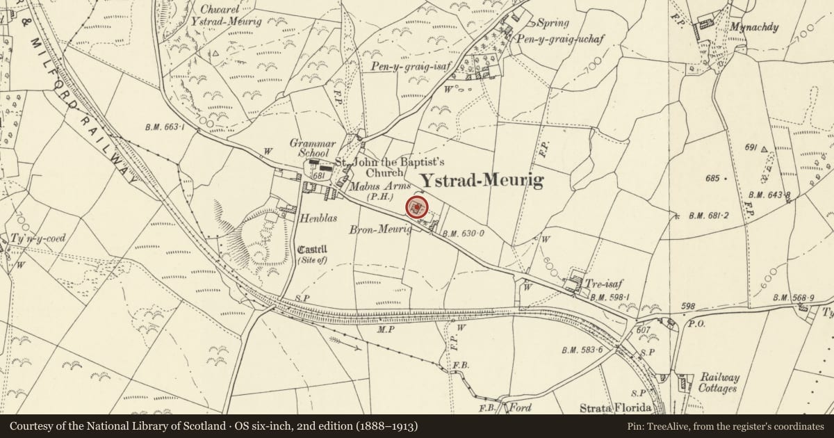 Ordnance Survey six-inch map, 2nd edition (1888–1913) covering the location of Plas Bron Meurig, Ystrad Meurig, Ceredigion, with a pin at the register's coordinates