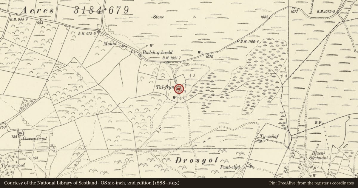 Ordnance Survey six-inch map, 2nd edition (1888–1913) covering the location of Talfryn, Ystrad Meurig, Ceredigion, with a pin at the register's coordinates