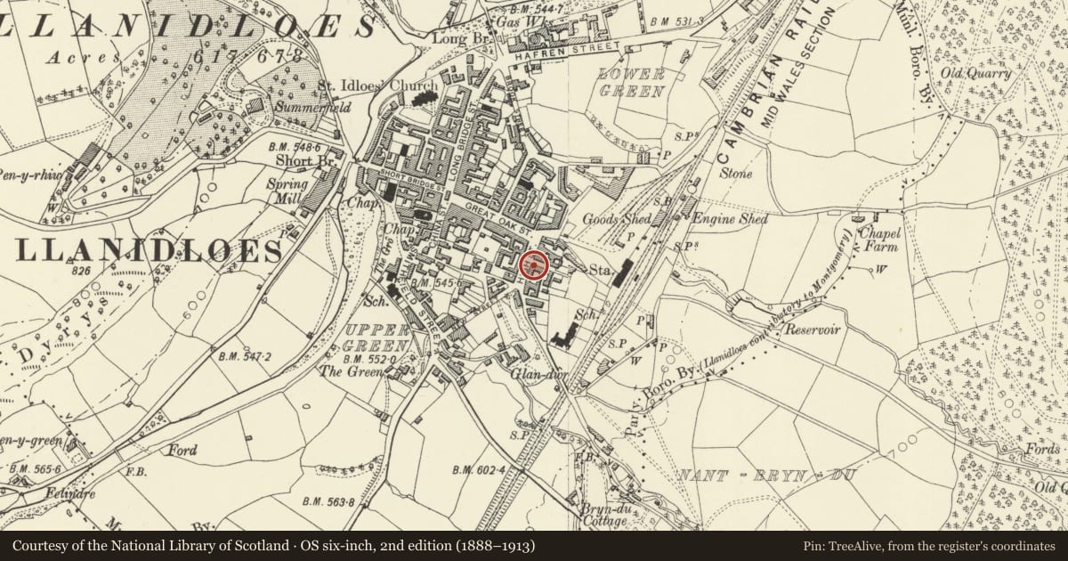 Ordnance Survey six-inch map, 2nd edition (1888–1913) covering the location of Shoepermarket, Llanidloes, Powys, with a pin at the register's coordinates