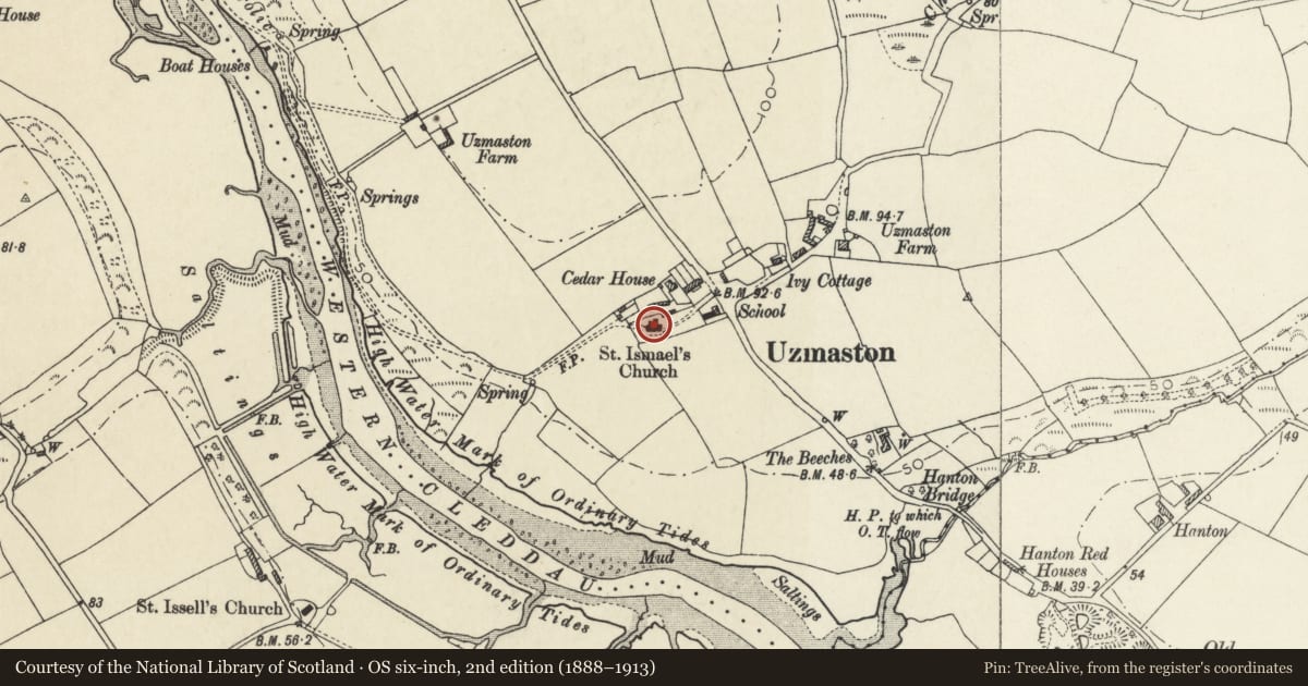 Ordnance Survey six-inch map, 2nd edition (1888–1913) covering the location of Church of Saint Ismael, Uzmaston, Boulston and Slebech, Pembrokeshire, with a pin at the register's coordinates