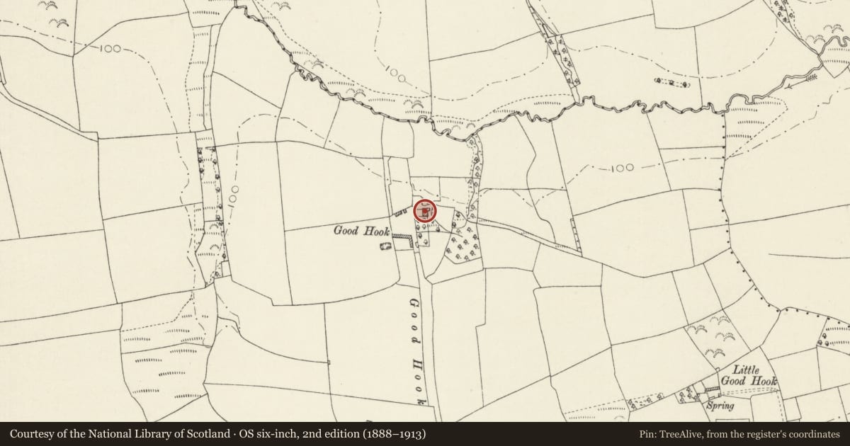 Ordnance Survey six-inch map, 2nd edition (1888–1913) covering the location of Good Hook, Uzmaston, Boulston and Slebech, Pembrokeshire, with a pin at the register's coordinates