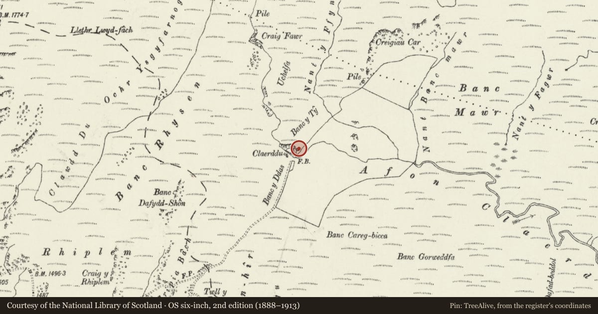 Ordnance Survey six-inch map, 2nd edition (1888–1913) covering the location of Claerddu, Ystrad Fflur, Ceredigion, with a pin at the register's coordinates