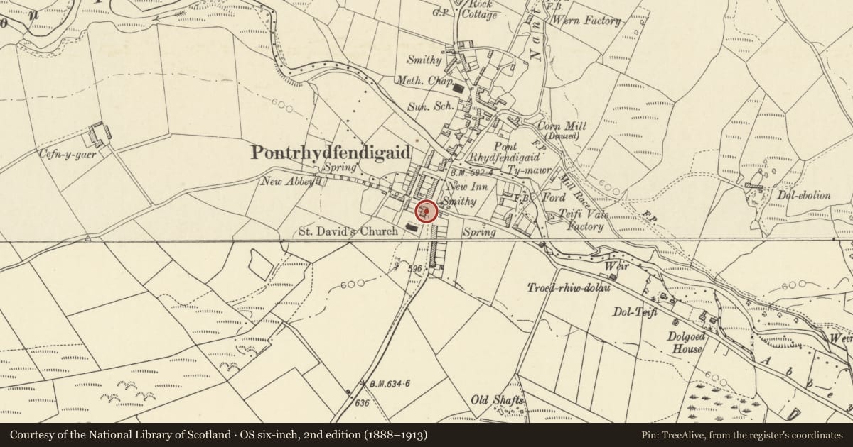 Ordnance Survey six-inch map, 2nd edition (1888–1913) covering the location of The Post Office, Ystrad Fflur, Ceredigion, with a pin at the register's coordinates