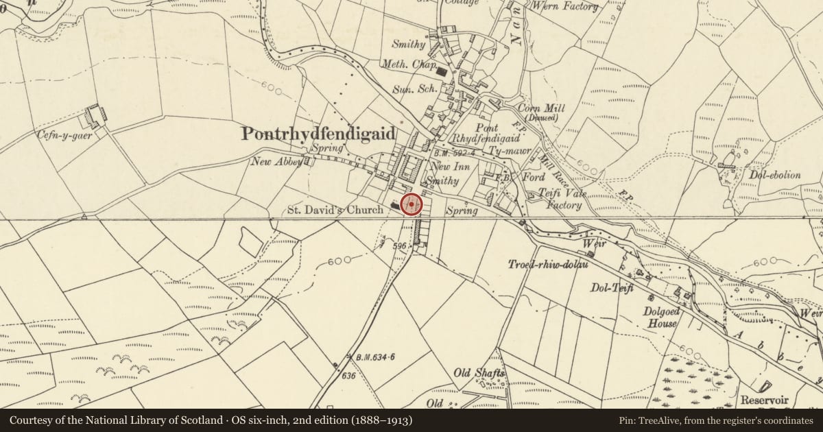 Ordnance Survey six-inch map, 2nd edition (1888–1913) covering the location of War Memorial and Railings, Ystrad Fflur, Ceredigion, with a pin at the register's coordinates