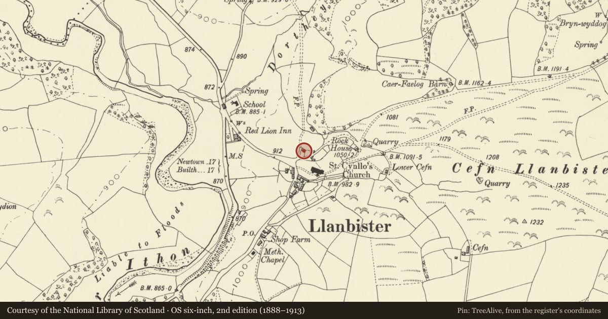 Ordnance Survey six-inch map, 2nd edition (1888–1913) covering the location of Cottage opposite Llanbister church, Powys, with a pin at the register's coordinates