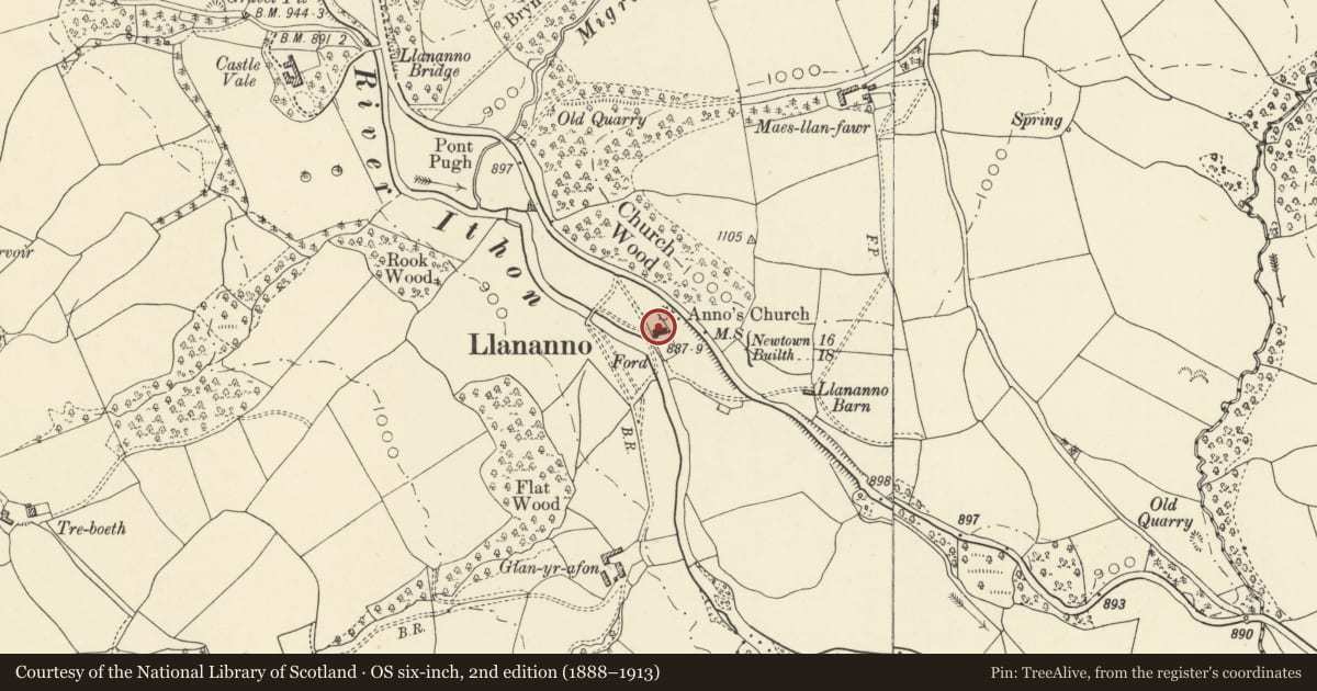 Ordnance Survey six-inch map, 2nd edition (1888–1913) covering the location of Church of St Anno, Llanbadarn Fynydd, Powys, with a pin at the register's coordinates