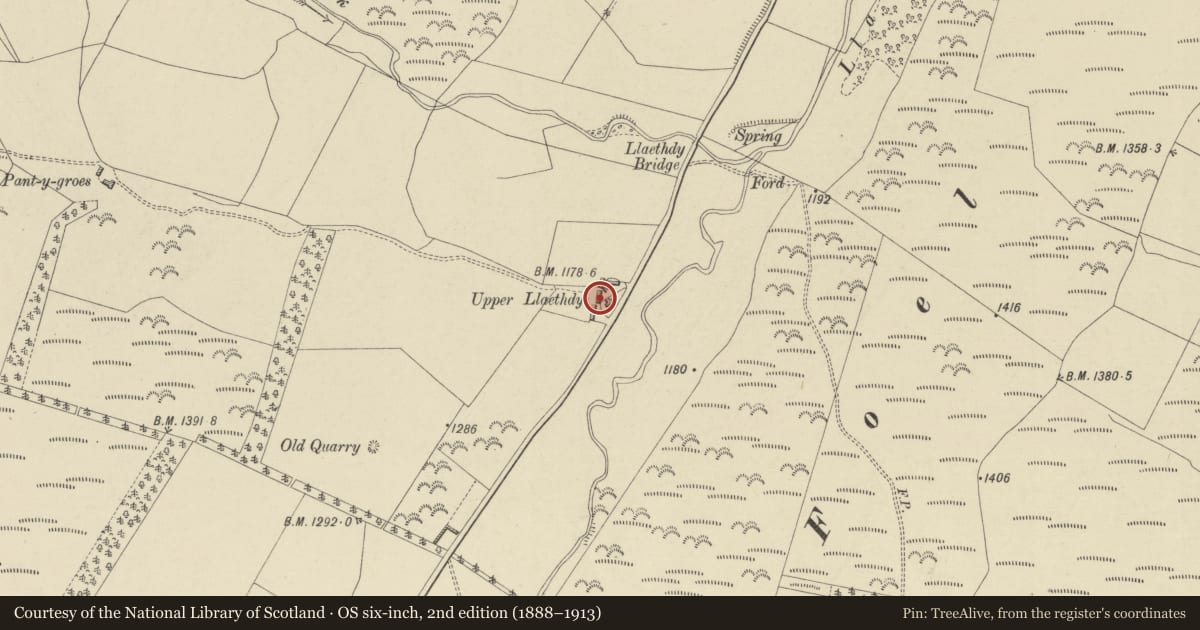 Ordnance Survey six-inch map, 2nd edition (1888–1913) covering the location of Cow house & stable W of Upper Llaithddu Farmhouse, Llanbadarn Fynydd, Powys, with a pin at the register's coordinates