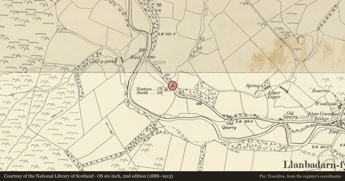 Ordnance Survey six-inch map, 2nd edition (1888–1913) covering the location of Milestone on A483, Llanbadarn Fynydd, Powys, with a pin at the register's coordinates