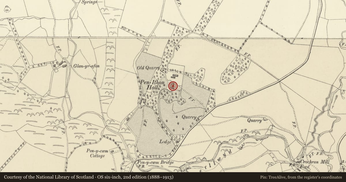 Ordnance Survey six-inch map, 2nd edition (1888–1913) covering the location of Pen Ithon Hall, Llanbadarn Fynydd, Powys, with a pin at the register's coordinates