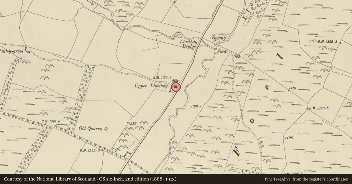 Ordnance Survey six-inch map, 2nd edition (1888–1913) covering the location of Upper Llaithddu Farmhouse, Llanbadarn Fynydd, Powys, with a pin at the register's coordinates
