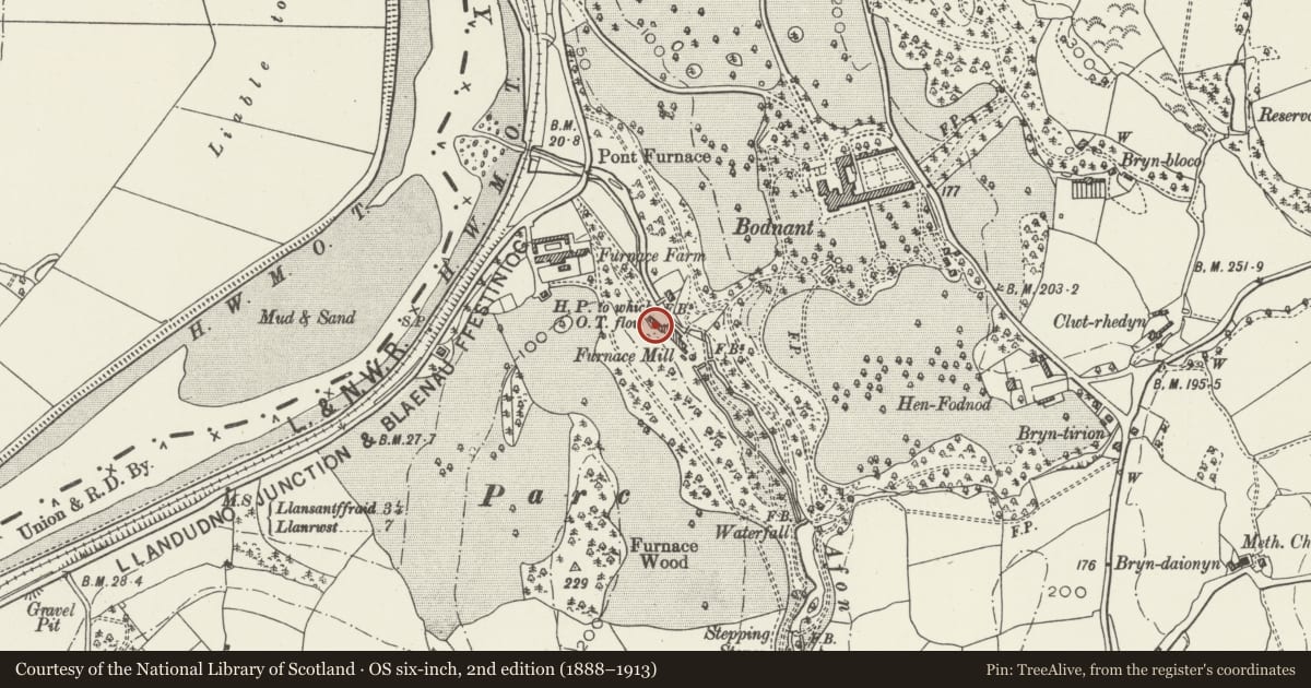 Ordnance Survey six-inch map, 2nd edition (1888–1913) covering the location of Furnace Mill, Eglwysbach, Conwy, with a pin at the register's coordinates