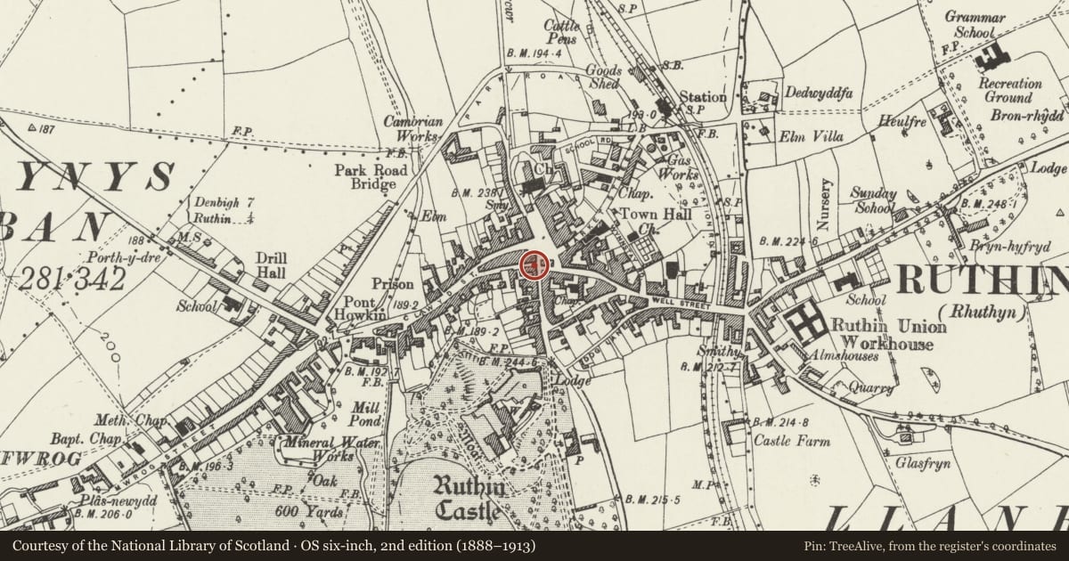 Ordnance Survey six-inch map, 2nd edition (1888–1913) covering the location of Wine Vaults Public House, Ruthin, Denbighshire, with a pin at the register's coordinates