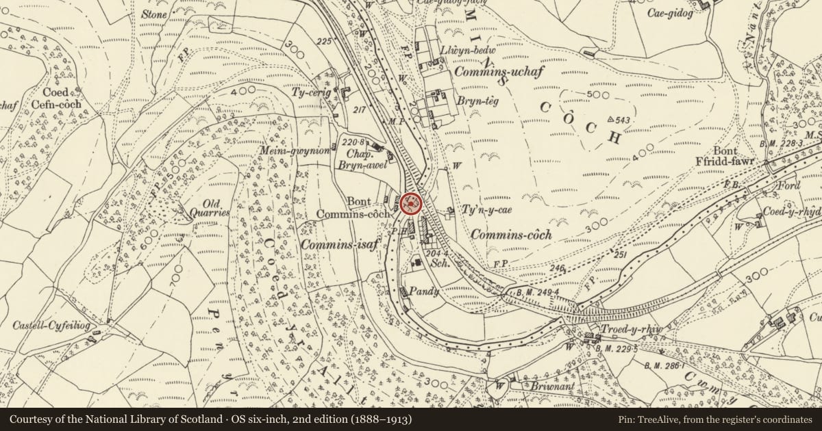Ordnance Survey six-inch map, 2nd edition (1888–1913) covering the location of Bont Commins Coch, Glantwymyn, Powys, with a pin at the register's coordinates