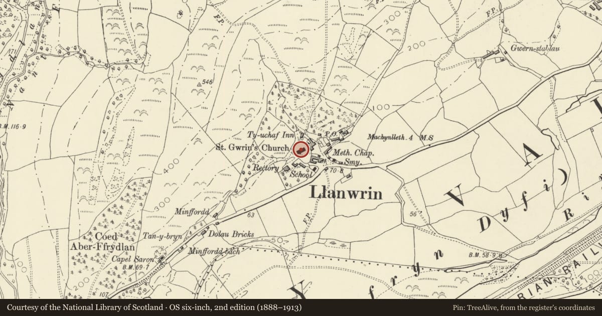 Ordnance Survey six-inch map, 2nd edition (1888–1913) covering the location of Church of St Dyfrig, Glantwymyn, Powys, with a pin at the register's coordinates
