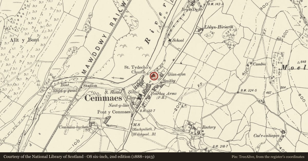 Ordnance Survey six-inch map, 2nd edition (1888–1913) covering the location of Church of St Tydecho, Glantwymyn, Powys, with a pin at the register's coordinates