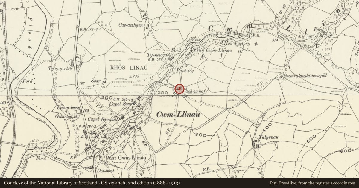 Ordnance Survey six-inch map, 2nd edition (1888–1913) covering the location of Farm Range at Fach Uchaf, Glantwymyn, Powys, with a pin at the register's coordinates