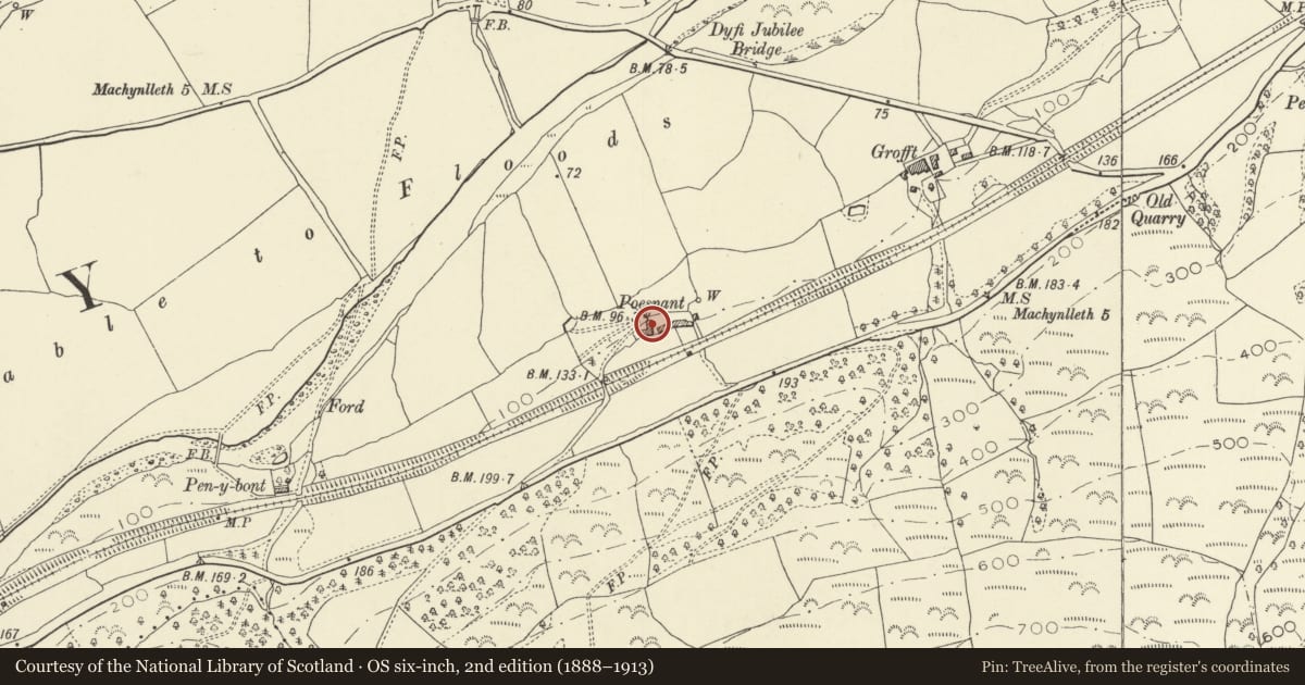 Ordnance Survey six-inch map, 2nd edition (1888–1913) covering the location of Farm Range SW of Poesnant Farm, Glantwymyn, Powys, with a pin at the register's coordinates