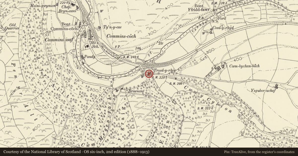 Ordnance Survey six-inch map, 2nd edition (1888–1913) covering the location of Former Factory, Troed y Rhiw, Glantwymyn, Powys, with a pin at the register's coordinates