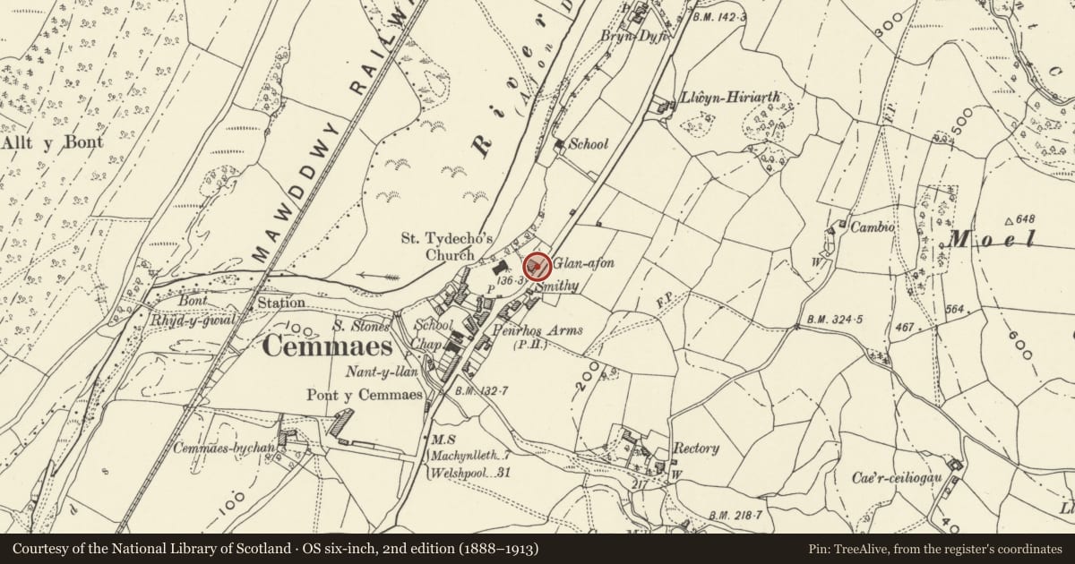 Ordnance Survey six-inch map, 2nd edition (1888–1913) covering the location of Glan-afon, Glantwymyn, Powys, with a pin at the register's coordinates