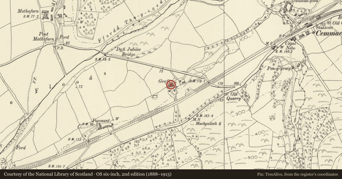 Ordnance Survey six-inch map, 2nd edition (1888–1913) covering the location of Grofft, Glantwymyn, Powys, with a pin at the register's coordinates