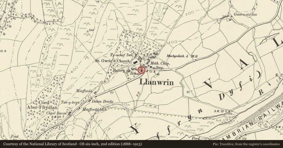 Ordnance Survey six-inch map, 2nd edition (1888–1913) covering the location of Hen Ysgol, Glantwymyn, Powys, with a pin at the register's coordinates