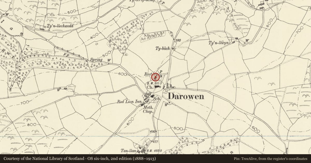 Ordnance Survey six-inch map, 2nd edition (1888–1913) covering the location of Outbuilding at Old Rectory, Glantwymyn, Powys, with a pin at the register's coordinates