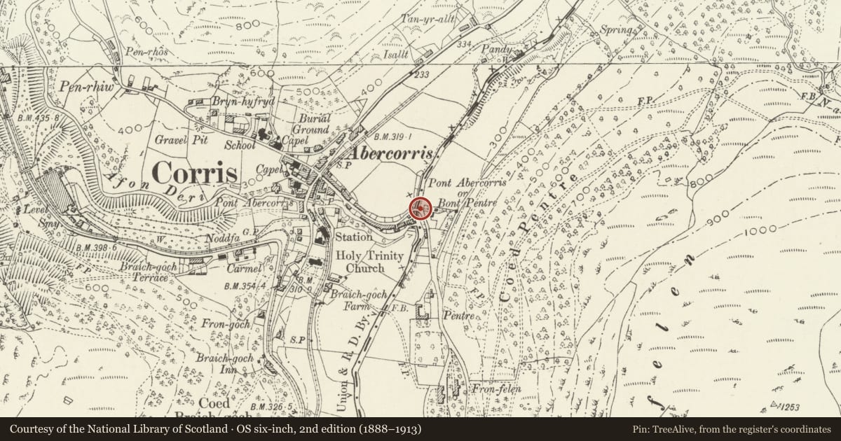 Ordnance Survey six-inch map, 2nd edition (1888–1913) covering the location of Pont Abercorris also known as Bont Pentre (partly in Corris Community), Glantwymyn, Powys, with a pin at the register's coordinates