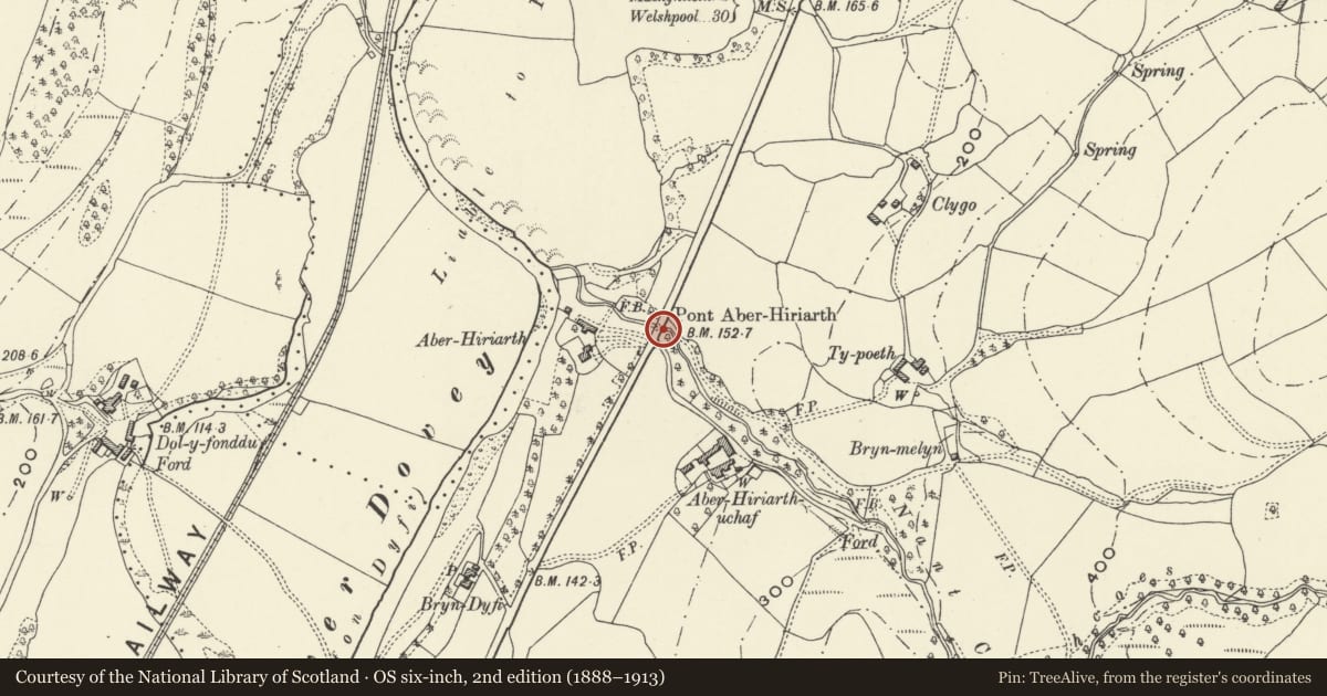 Ordnance Survey six-inch map, 2nd edition (1888–1913) covering the location of Pont Aberhiriarth, Glantwymyn, Powys, with a pin at the register's coordinates