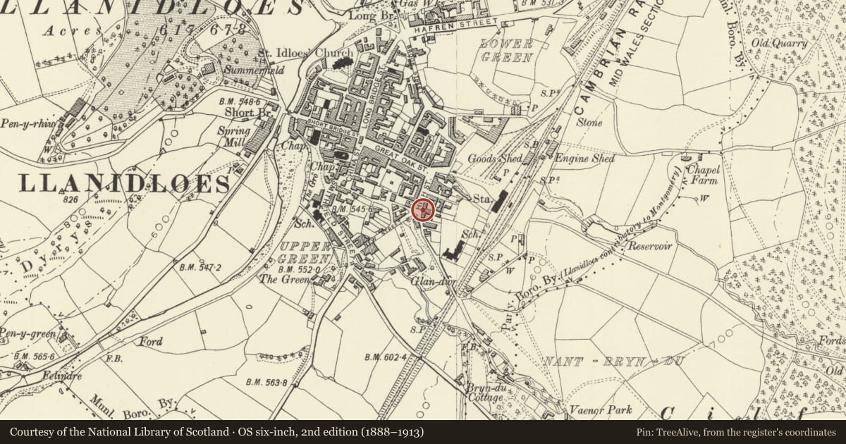Ordnance Survey six-inch map, 2nd edition (1888–1913) covering the location of 13 High Street, Llanidloes, Powys, with a pin at the register's coordinates