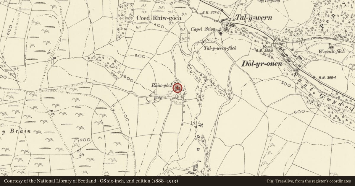 Ordnance Survey six-inch map, 2nd edition (1888–1913) covering the location of Rhiwgoch, Glantwymyn, Powys, with a pin at the register's coordinates