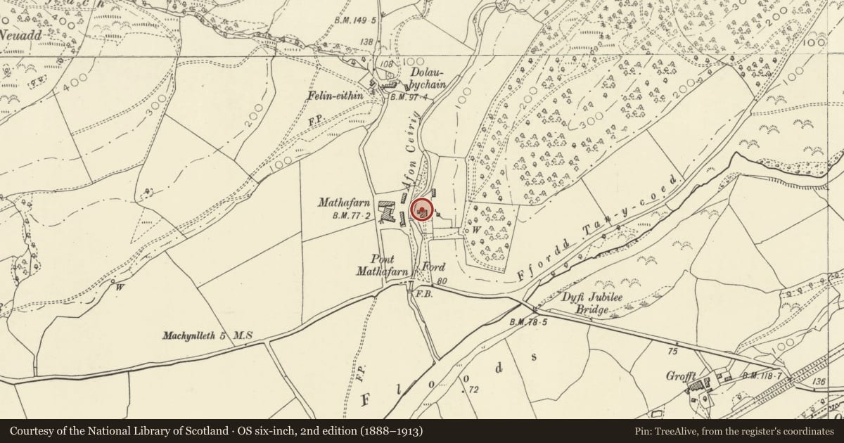 Ordnance Survey six-inch map, 2nd edition (1888–1913) covering the location of Service Building at Mathafarn, Glantwymyn, Powys, with a pin at the register's coordinates